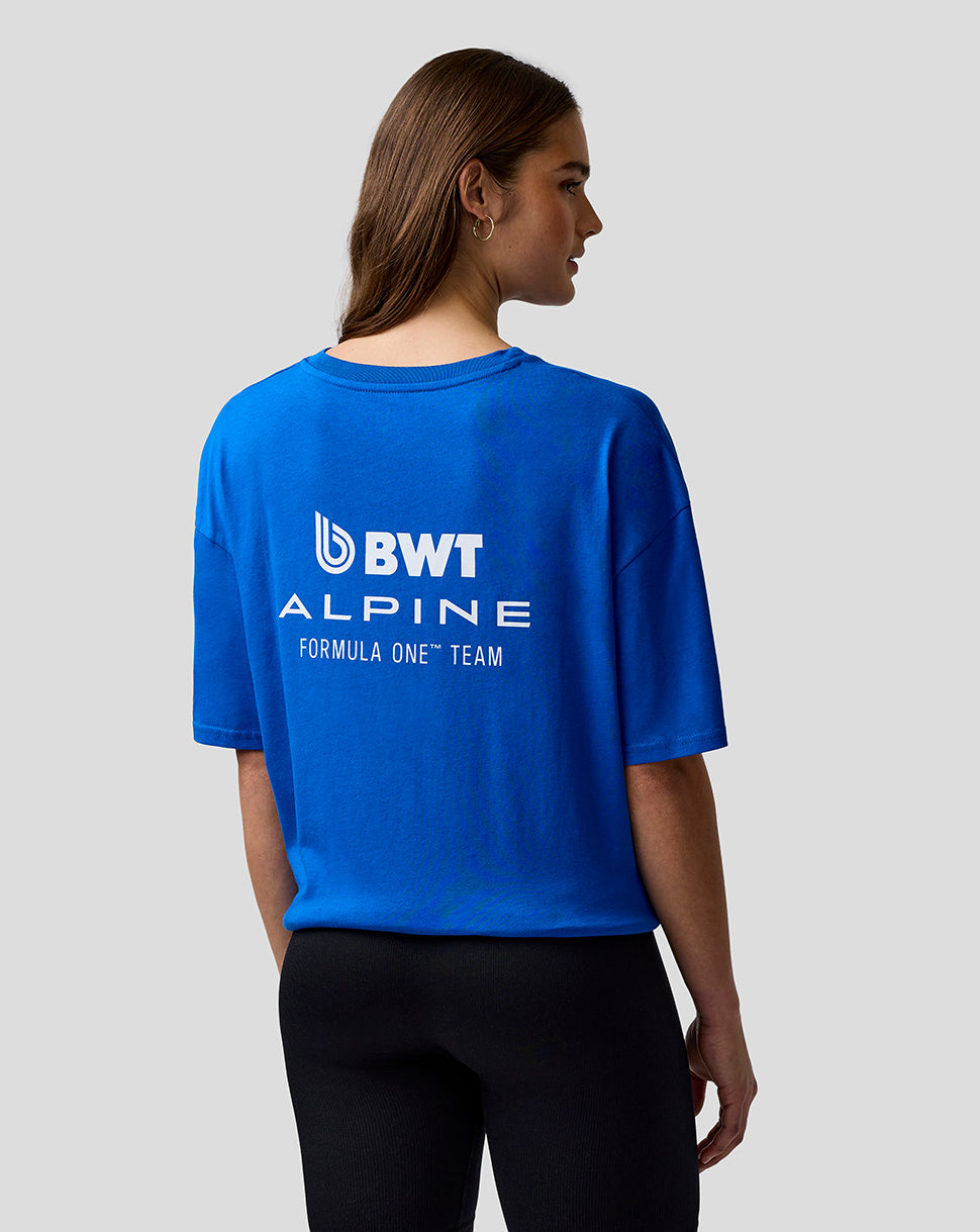 Back view of lapis blue unisex relaxed fit T-shirt with large white BWT Alpine Formula One Team logo.