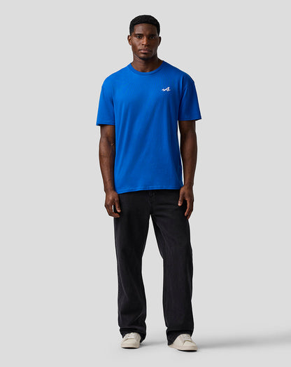 Front view of lapis blue relaxed fit T-shirt with small white logo on left chest.