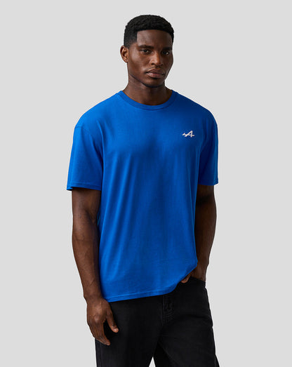 Male model wearing lapis blue unisex relaxed fit T shirt with left chest A logo
