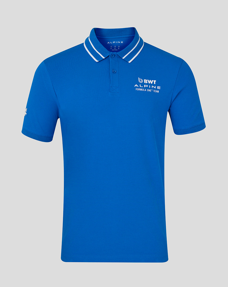 Front view of lapis blue BWT Alpine polo with the team logo on the left chest and the Alpine A on the right sleeve, featuring a striped ribbed collar.