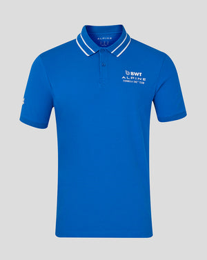 Front view of lapis blue BWT Alpine polo with the team logo on the left chest and the Alpine A on the right sleeve, featuring a striped ribbed collar.