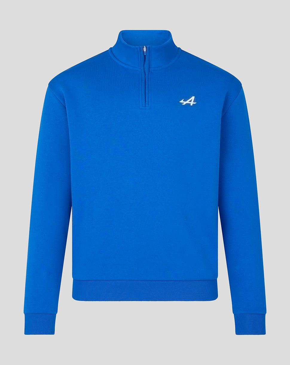 Front view of Unisex Fourth Core Quarter Zip Shirt in lapis blue with a small white A logo on the chest.