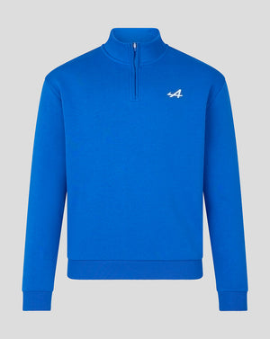 Front view of Unisex Fourth Core Quarter Zip Shirt in lapis blue with a small white A logo on the chest.