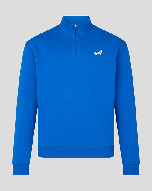 Front view of Unisex Fourth Core Quarter Zip Shirt in lapis blue with a small white A logo on the chest.