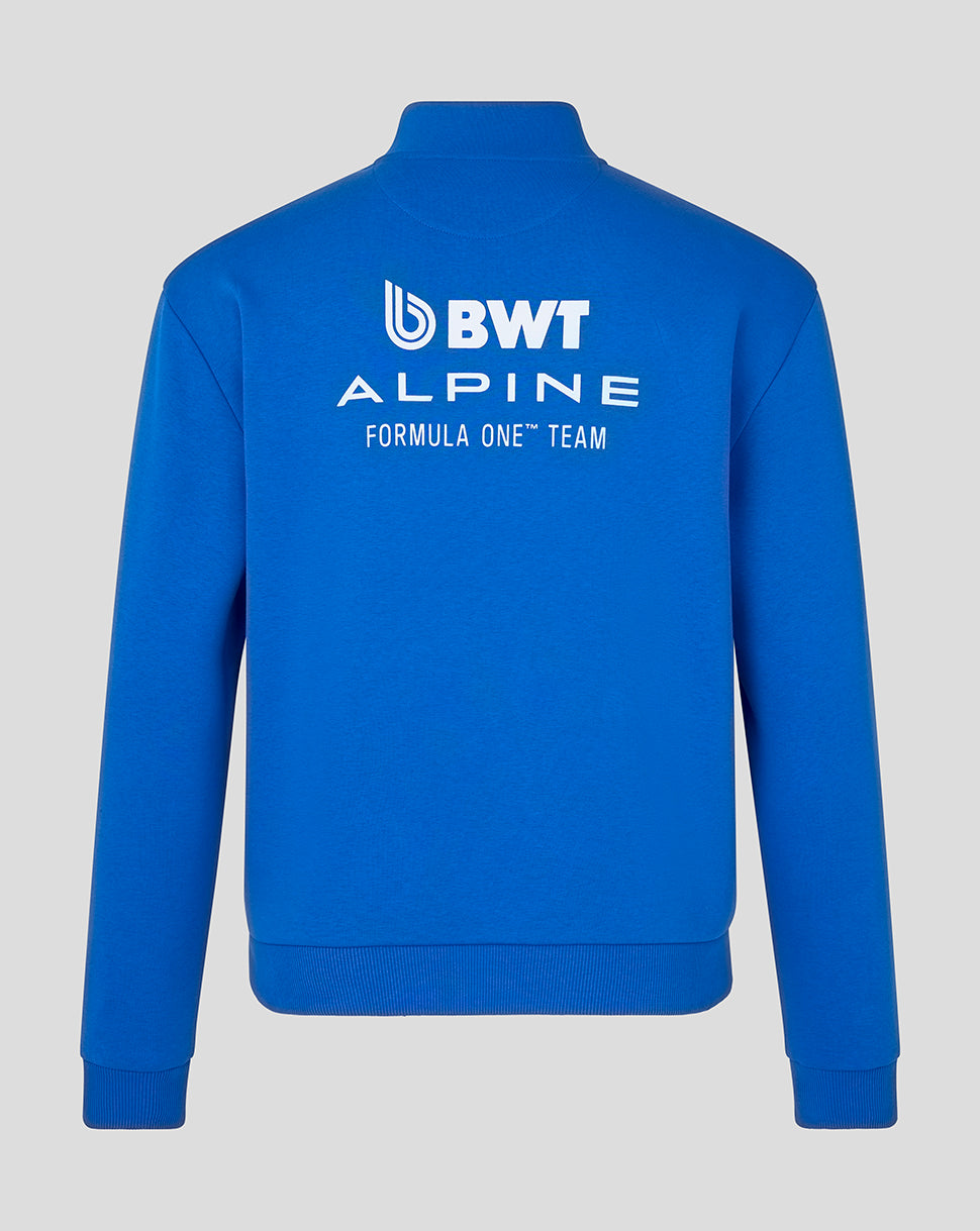 Back view of Unisex Fourth Core Quarter Zip Shirt in lapis blue with large BWT Alpine logo on the back.