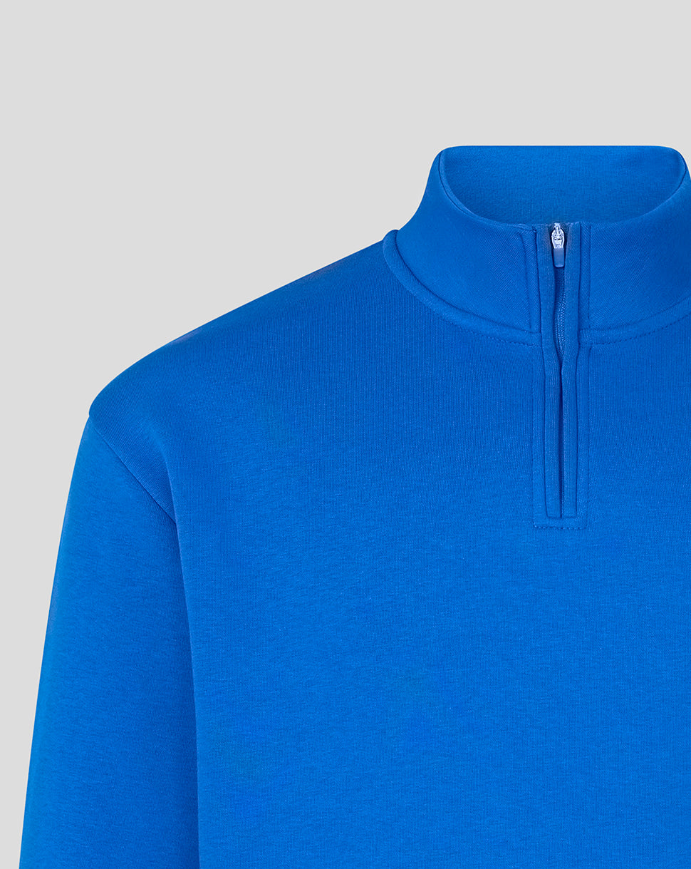 Lapis blue unisex quarter zip shirt with high collar and front zipper
