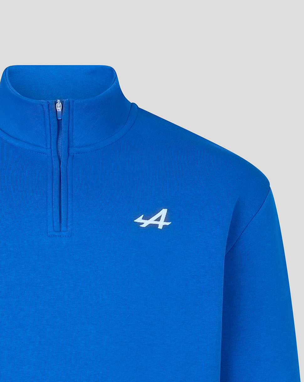Lapis blue quarter zip shirt with embroidered A on the left chest and front zipper