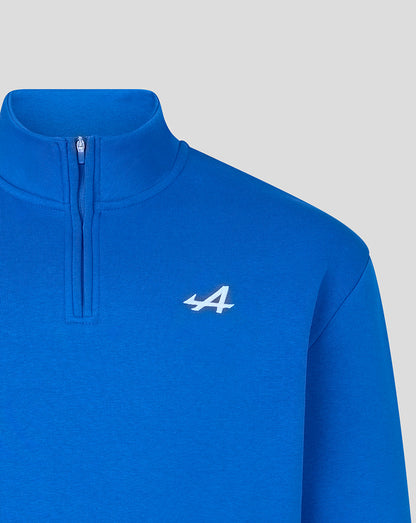 Lapis blue quarter zip shirt with embroidered A on the left chest and front zipper