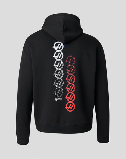Black hoodie with white and red designs on the back against a gray background
