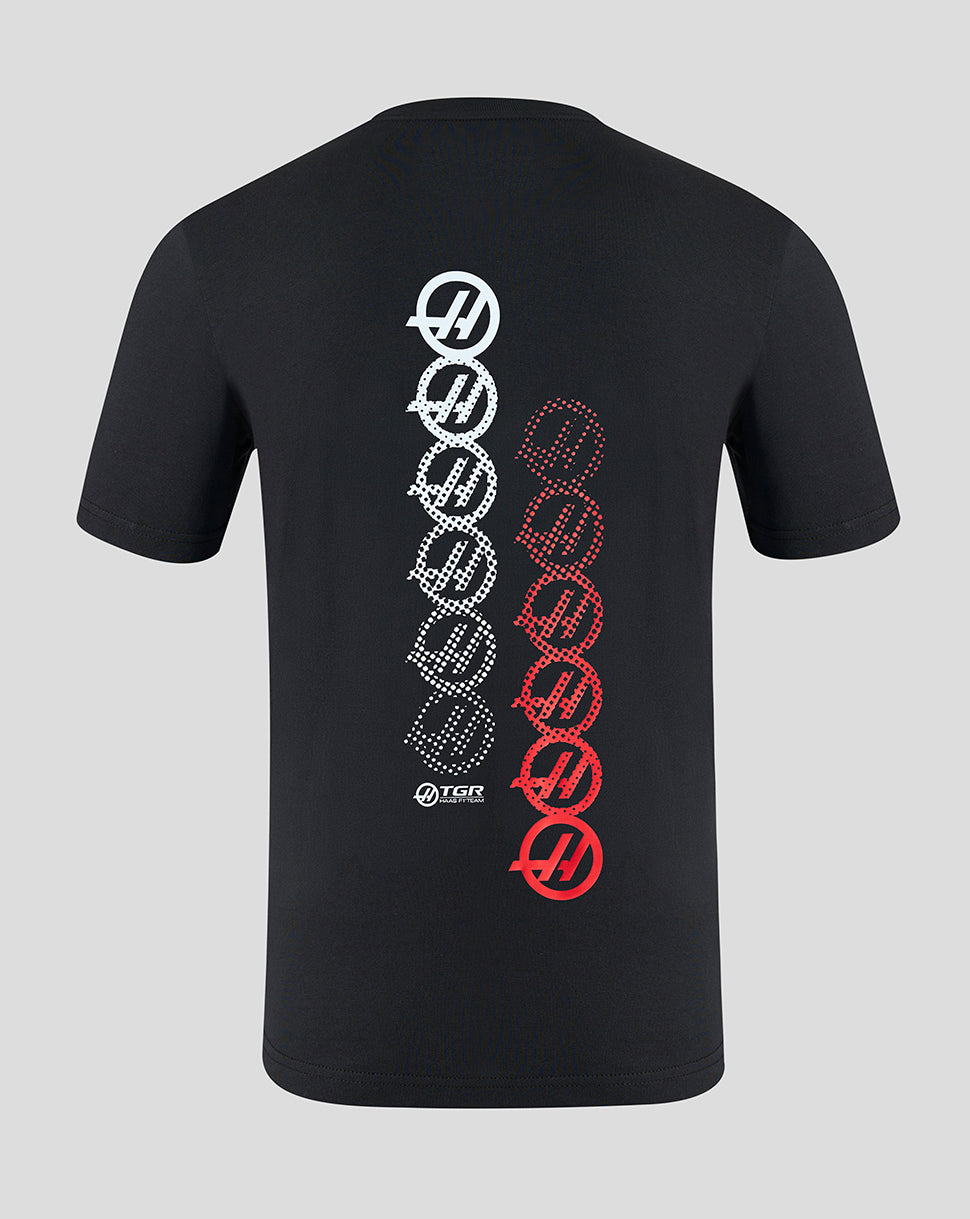 Black t-shirt with rhinestone designs on the back against a gray background
