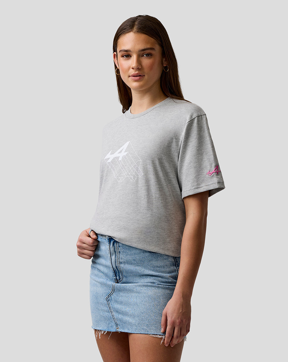 Female model wearing grey marl Alpine graphic T-shirt with chest print and pink sleeve logo.