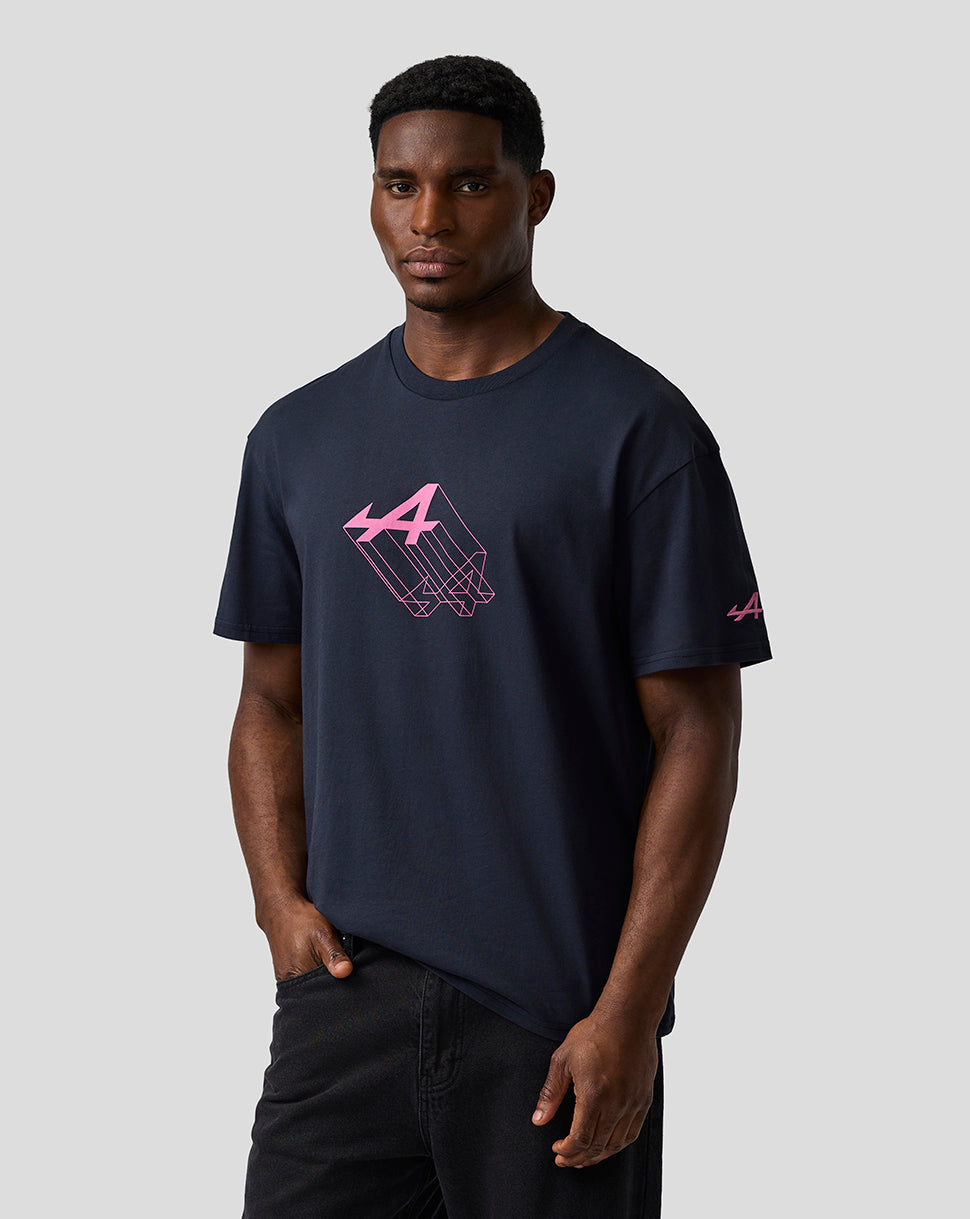 Male model wearing navy relaxed fit graphic T shirt with pink geometric chest print and A logo on the left sleeve