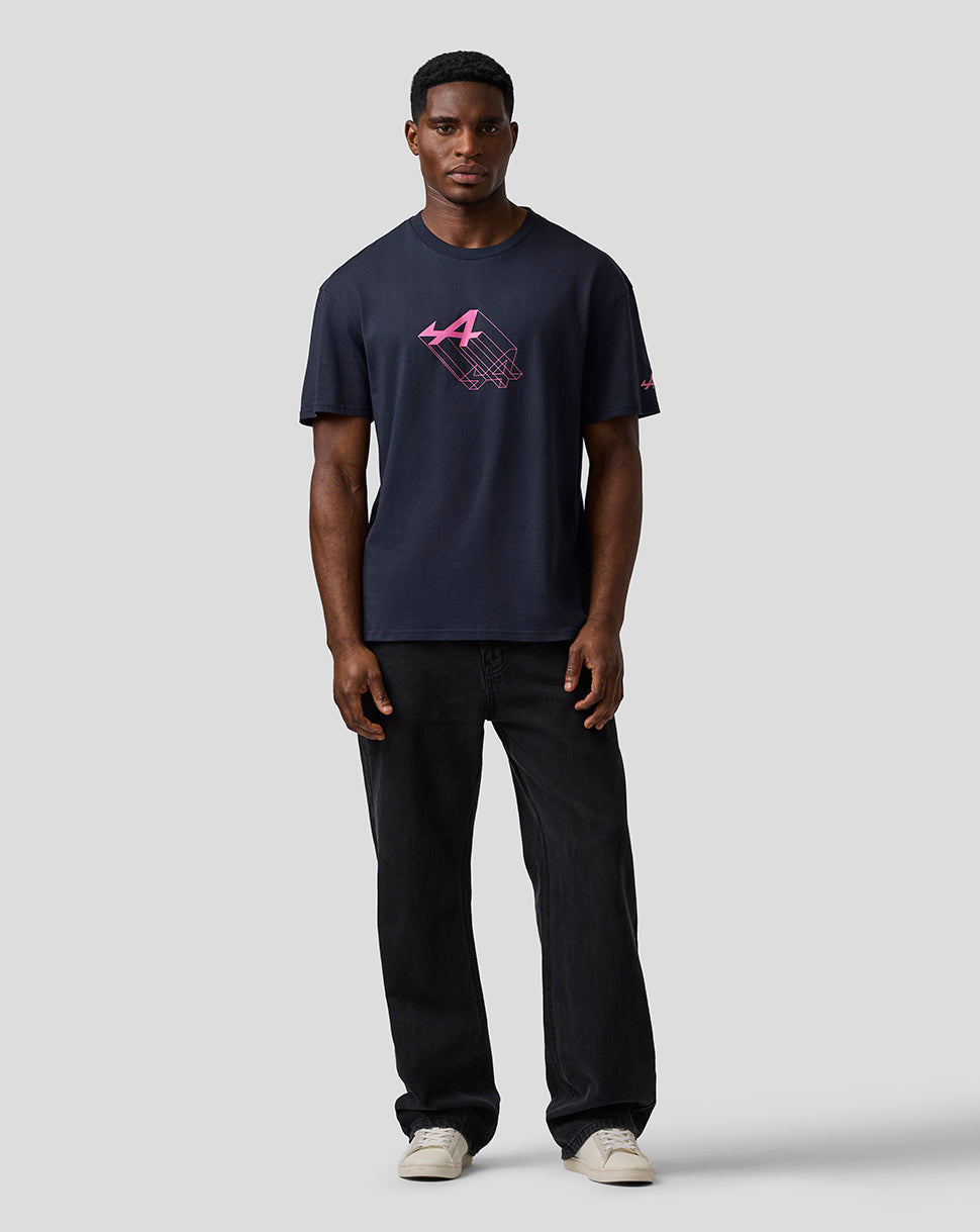 Front view of a man wearing a navy relaxed-fit graphic T-shirt with a pink Alpine logo on the chest.
