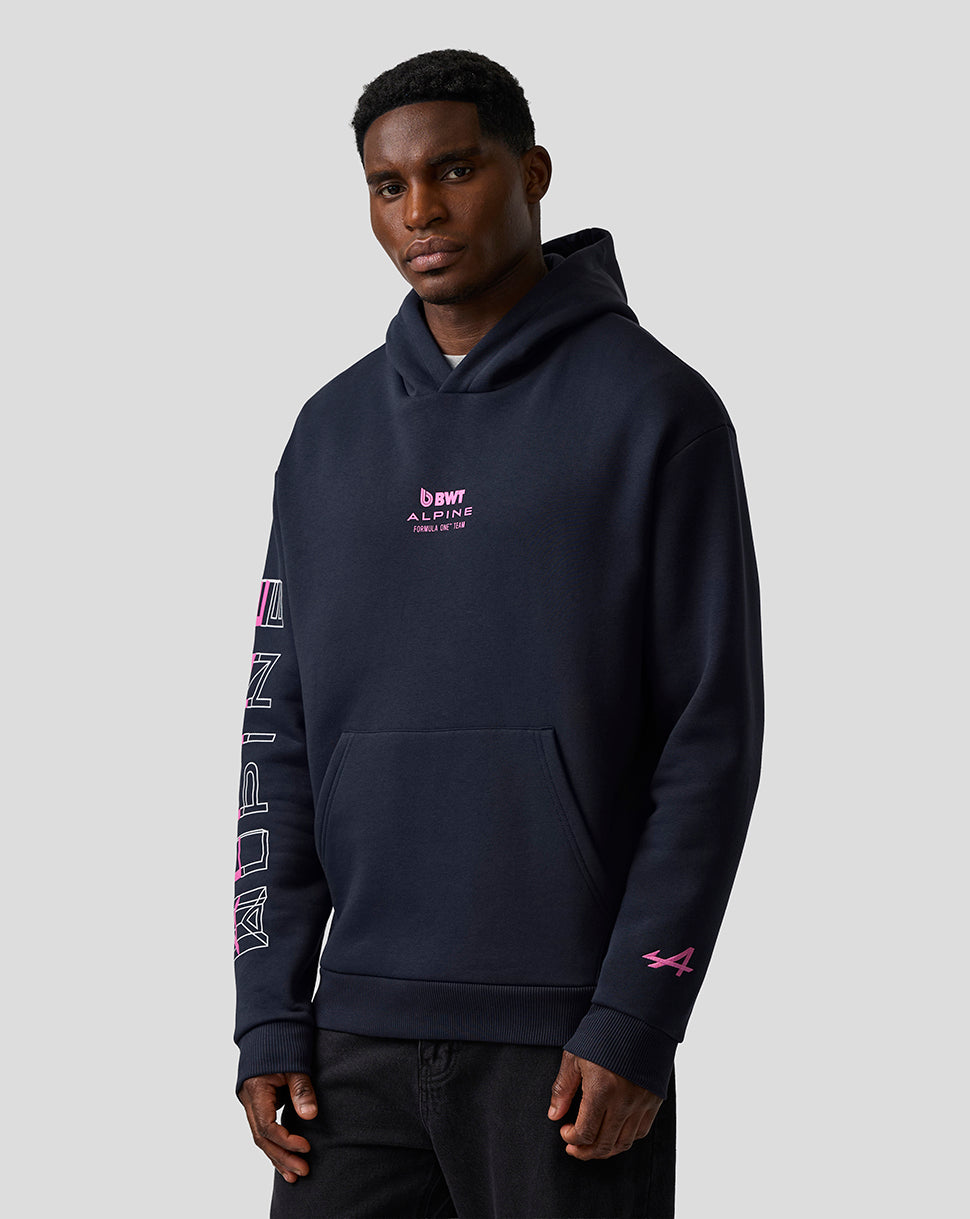 Night Sky hoodie with embroidered A on left sleeve and Alpine branding on chest and right sleeve.