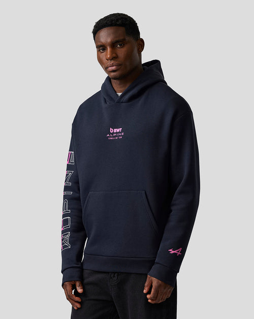 Night Sky hoodie with embroidered A on left sleeve and Alpine branding on chest and right sleeve.