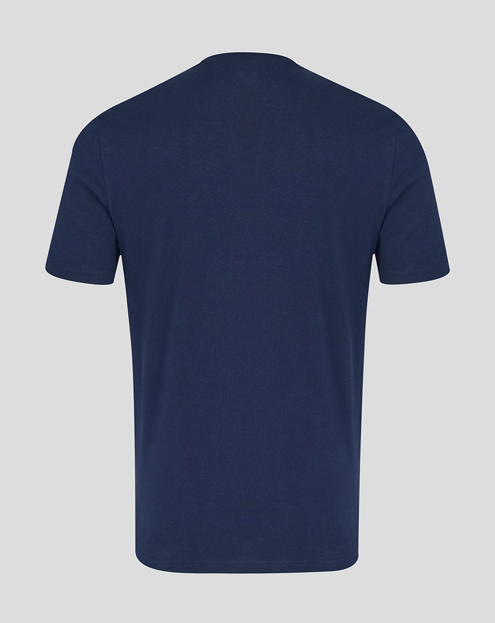 Navy blue t-shirt on a light gray background
