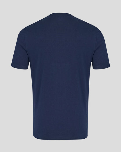 Navy blue t-shirt on a light gray background
