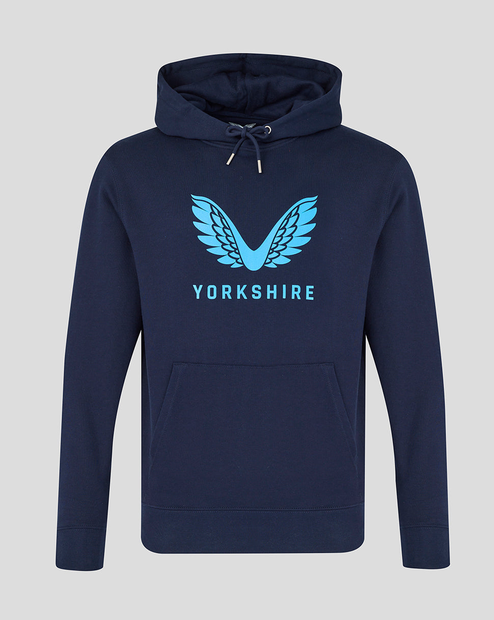 Navy hoodie with blue logo and text on a light gray background
