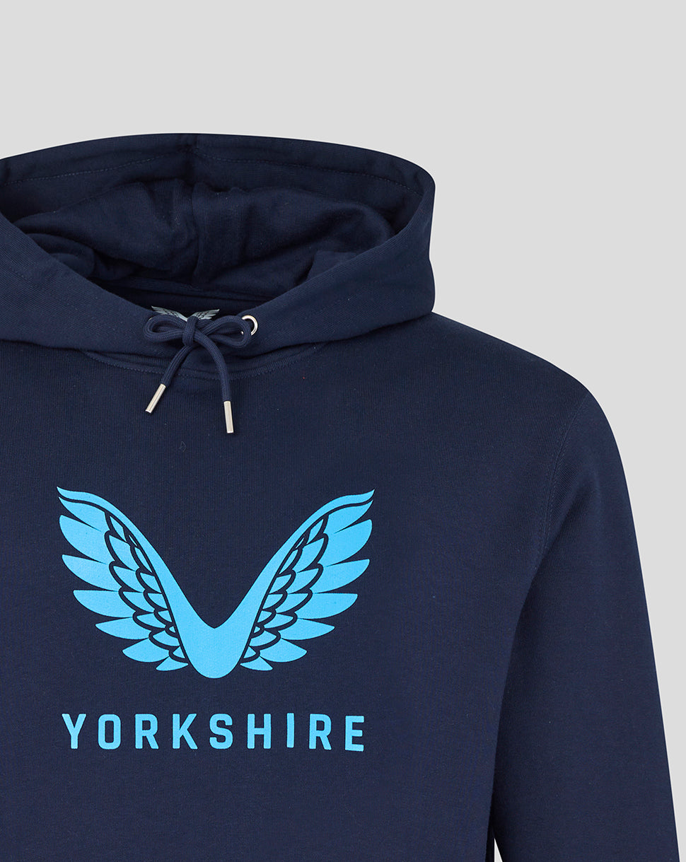 Navy hoodie with blue 'Yorkshire' logo on a light gray background