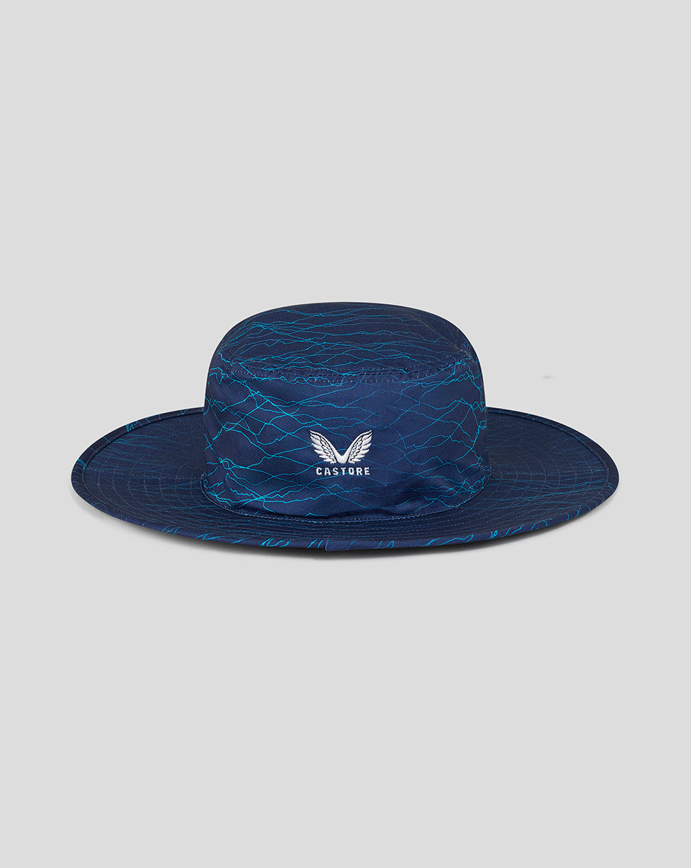 Blue patterned hat with a brand logo on a light gray background