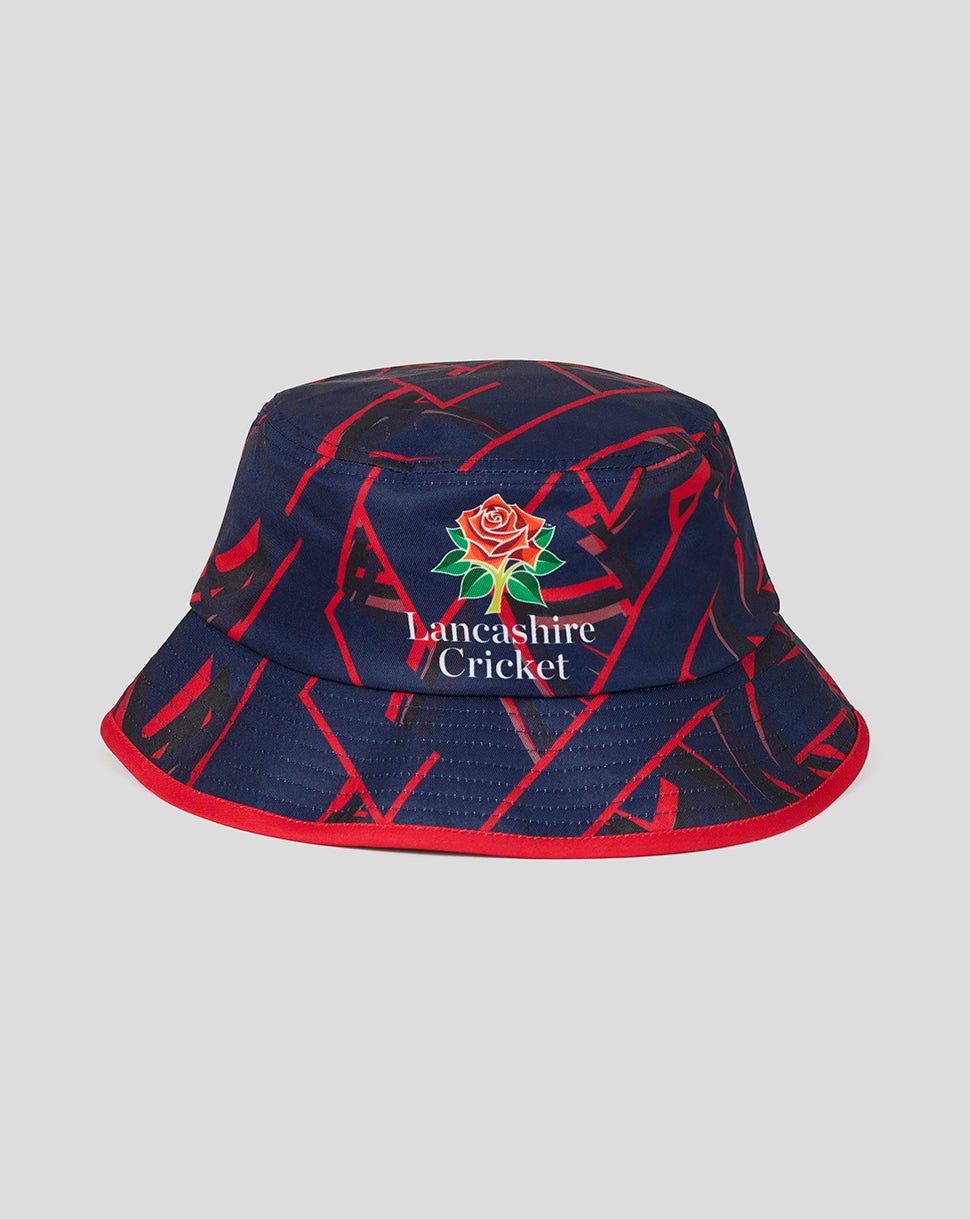 Navy bucket hat with red patterns and Lancashire Cricket logo on a light gray background