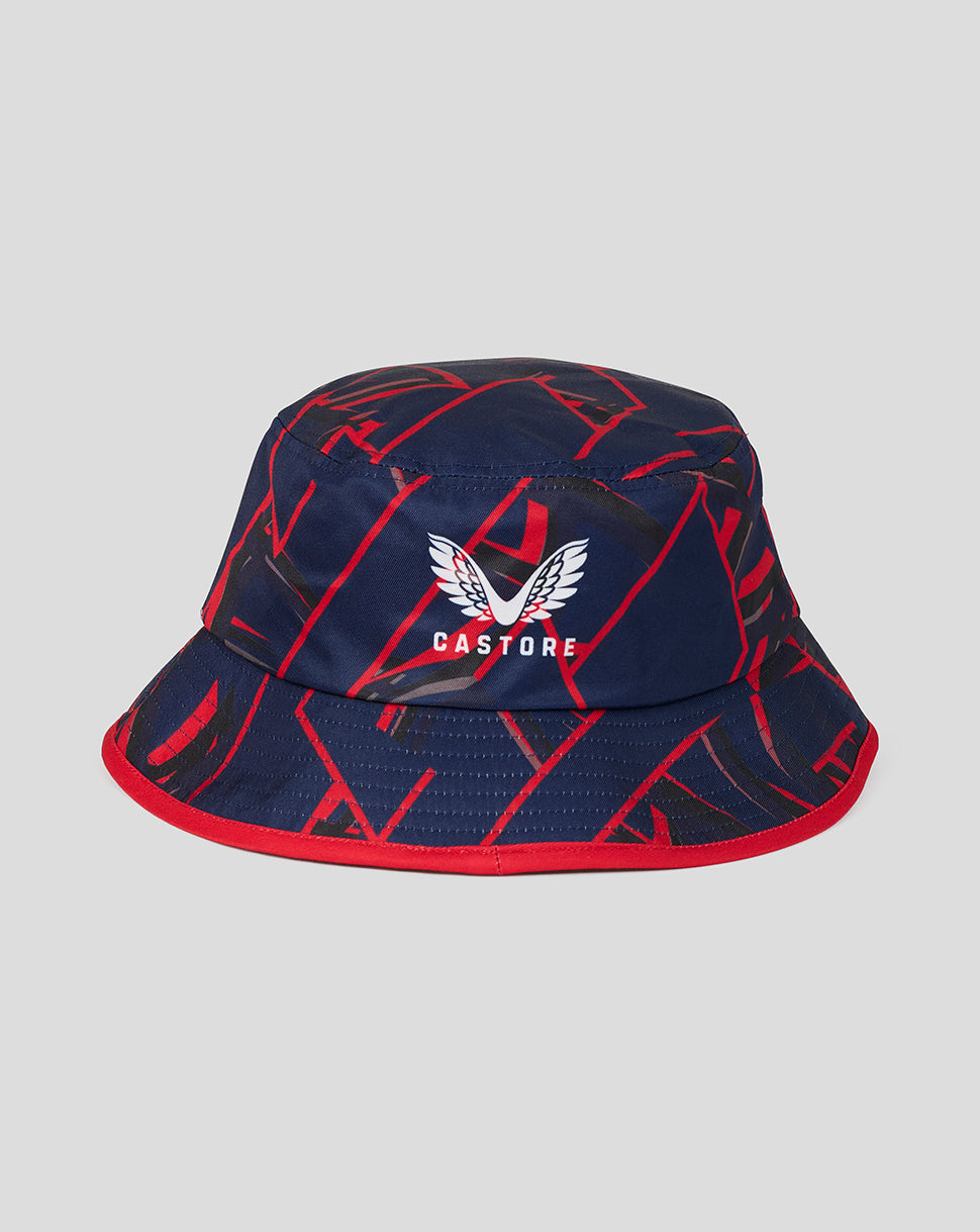 Navy bucket hat with red accents and a logo on a gray background