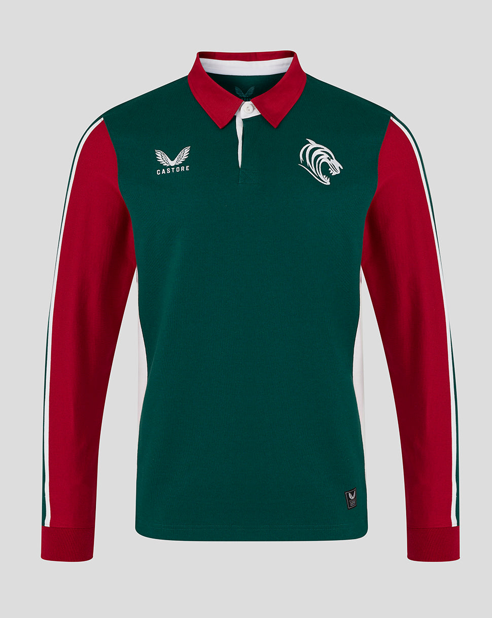 Green and red long-sleeve shirt with logos on a gray background