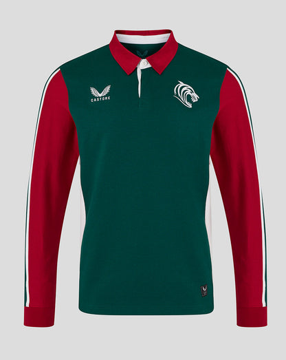 Green and red long-sleeve shirt with logos on a gray background