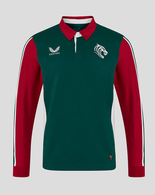 Green and red long-sleeve shirt with logos on a gray background