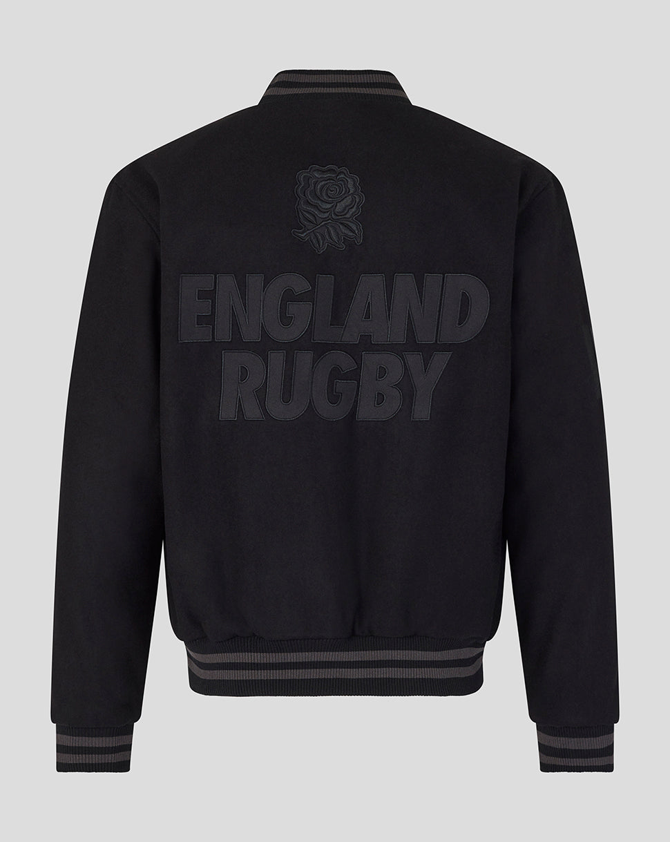 Black rugby jacket with 'England Rugby' text on a gray background