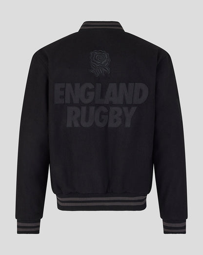 Black rugby jacket with 'England Rugby' text on a gray background