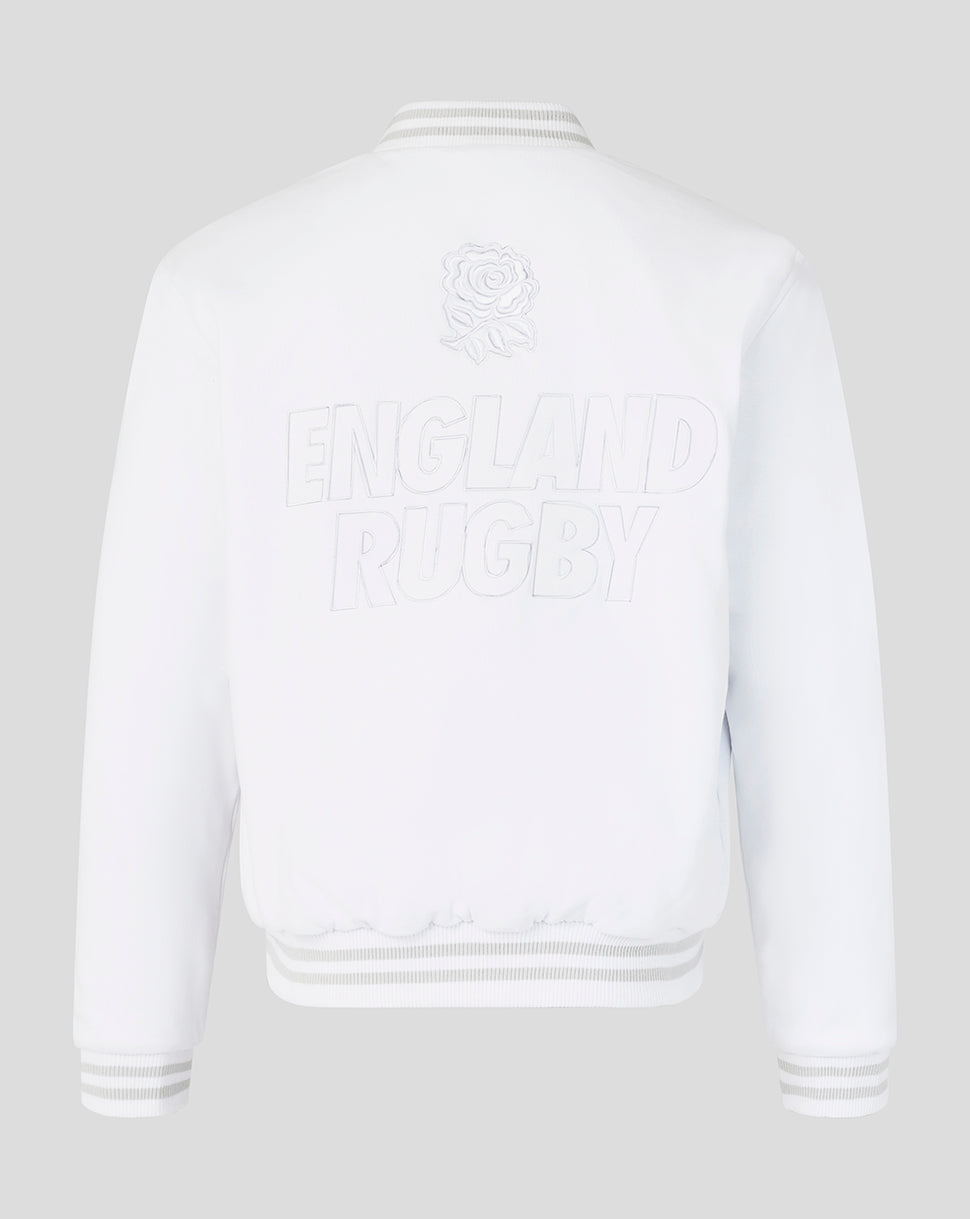 White sweatshirt with 'England Rugby' text on the back against a light gray background