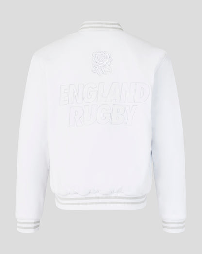 White sweatshirt with 'England Rugby' text on the back against a light gray background