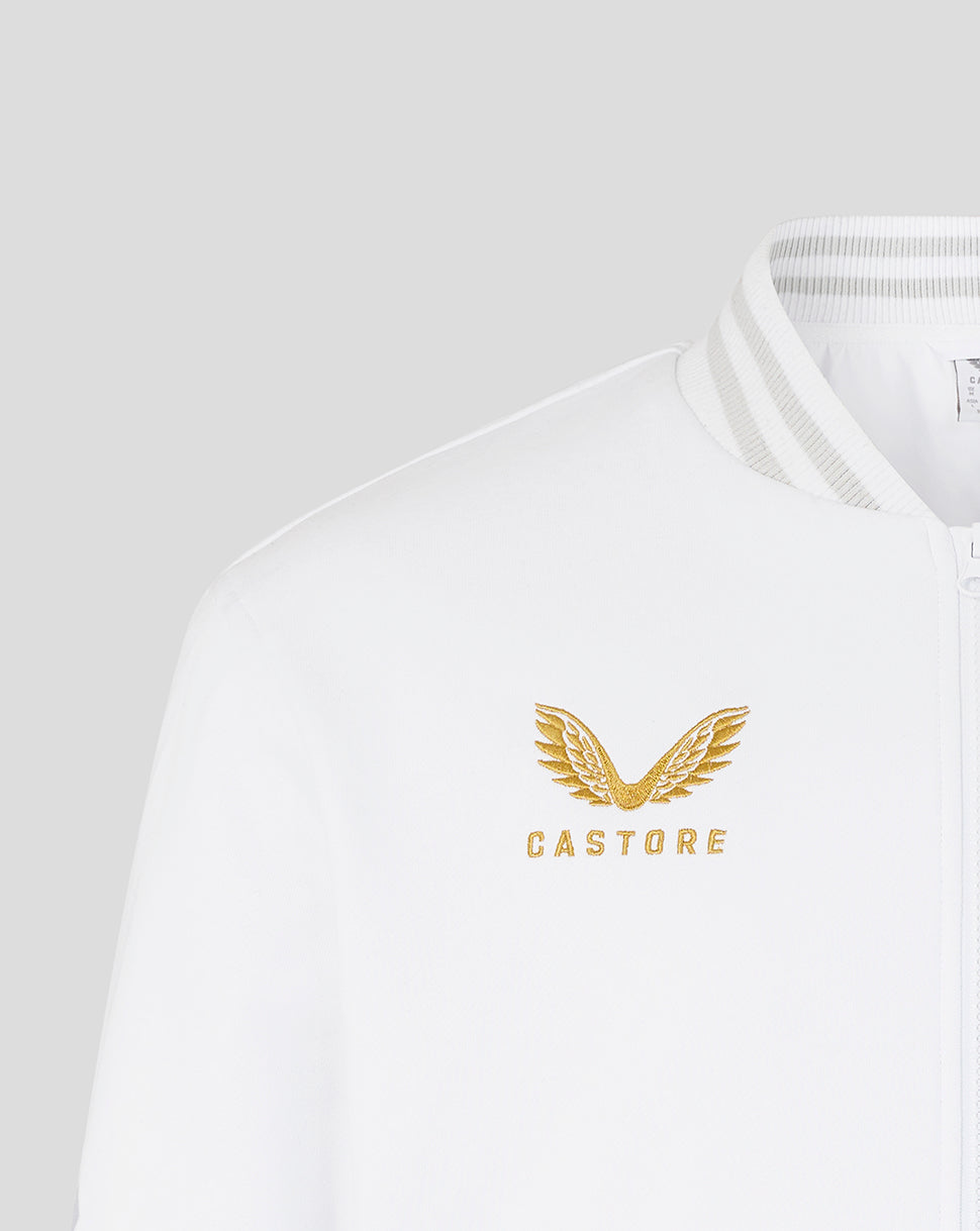 White jacket with gold eagle logo and 'CASTORE' branding on a light gray background