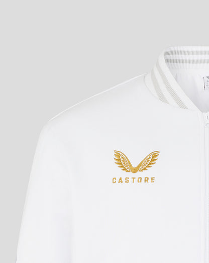 White jacket with gold eagle logo and 'CASTORE' branding on a light gray background