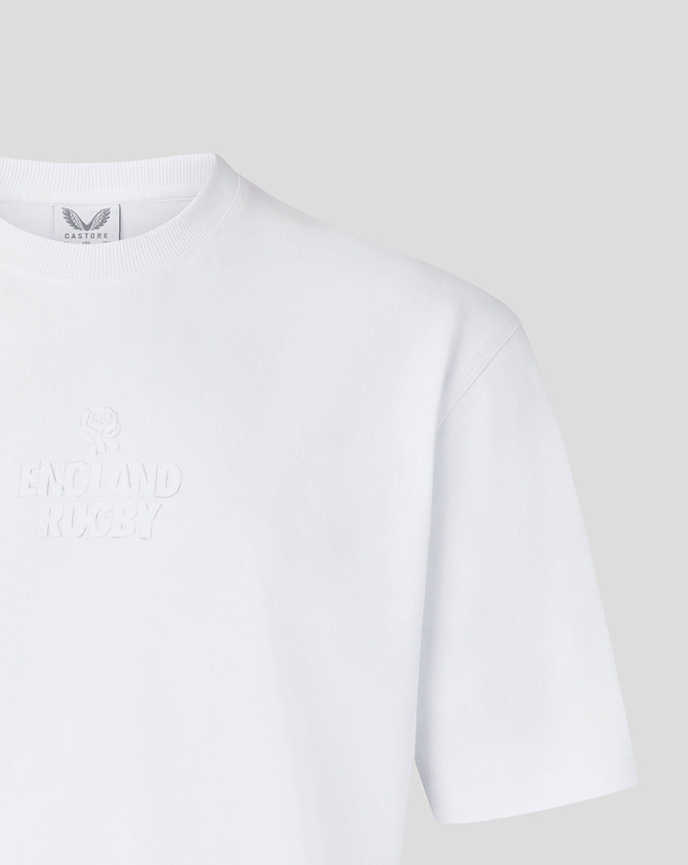 White t-shirt with text on a light gray background
