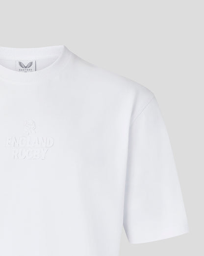 White t-shirt with text on a light gray background