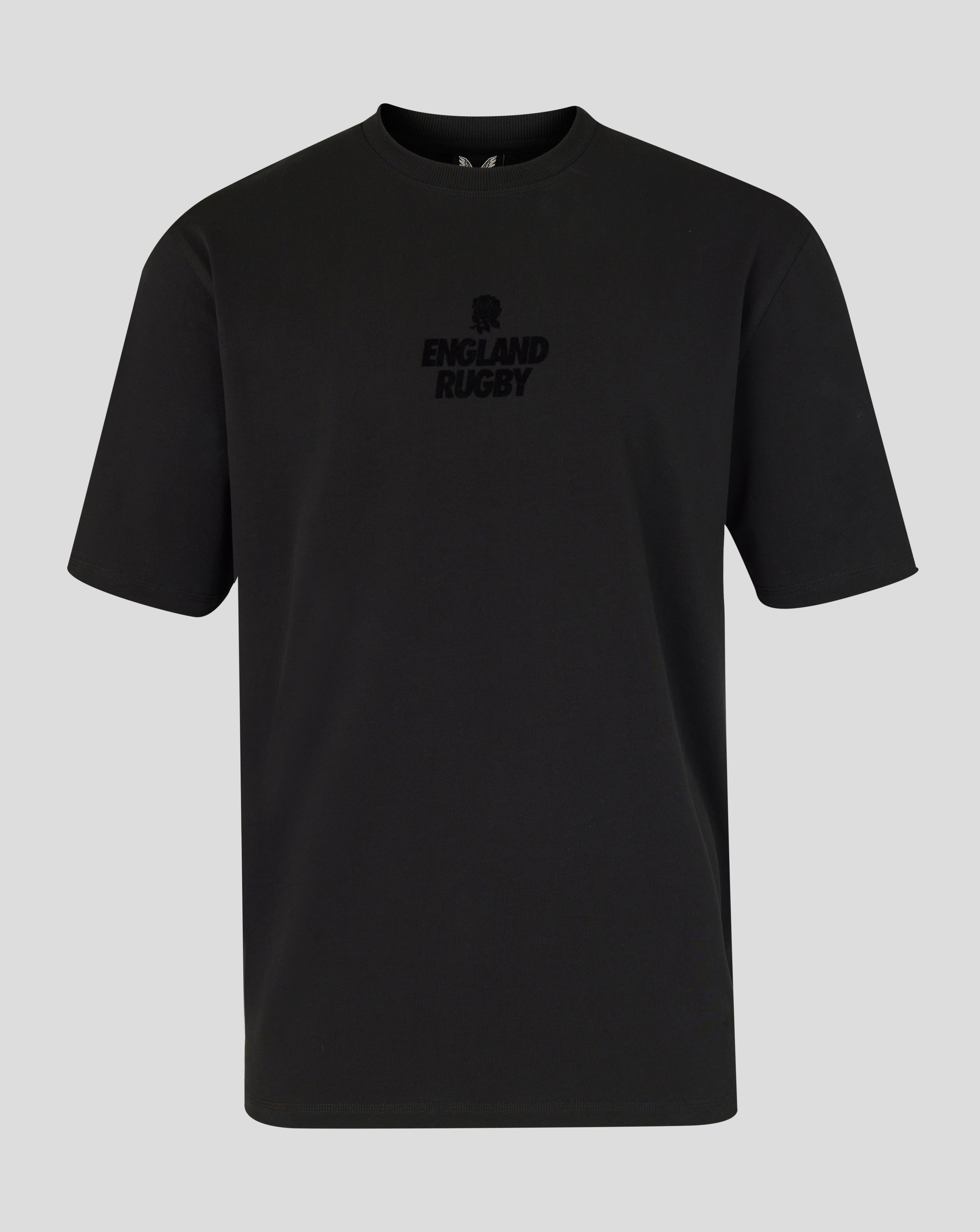 Black t-shirt with 'England Rugby' text on a gray background