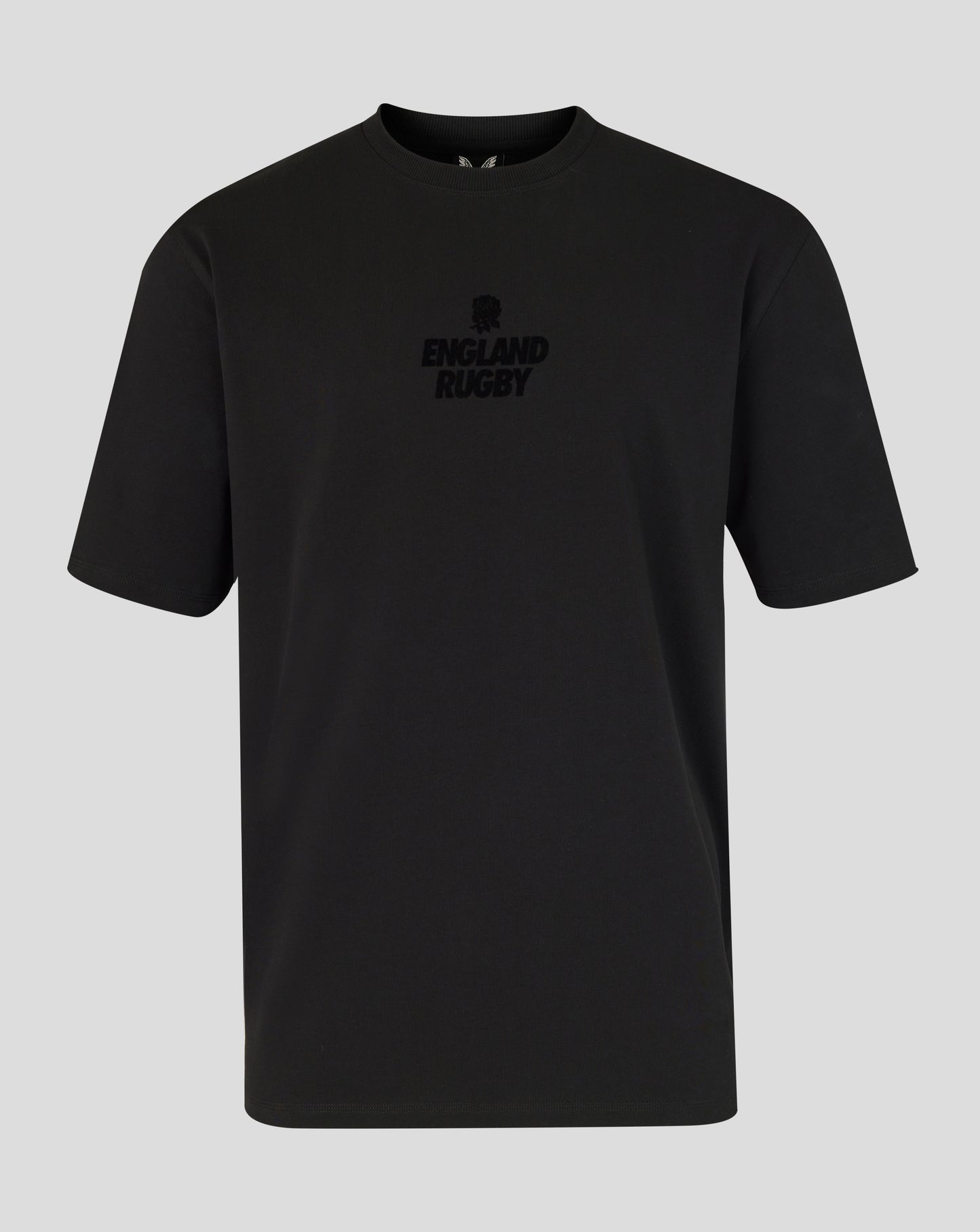 Black t-shirt with 'England Rugby' text on a gray background