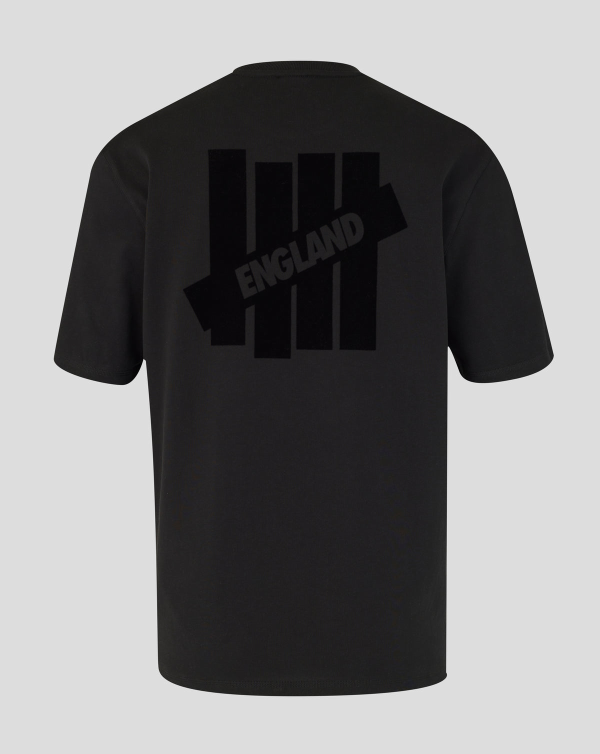 Black t-shirt with 'ENGLAND' printed on the back against a gray background