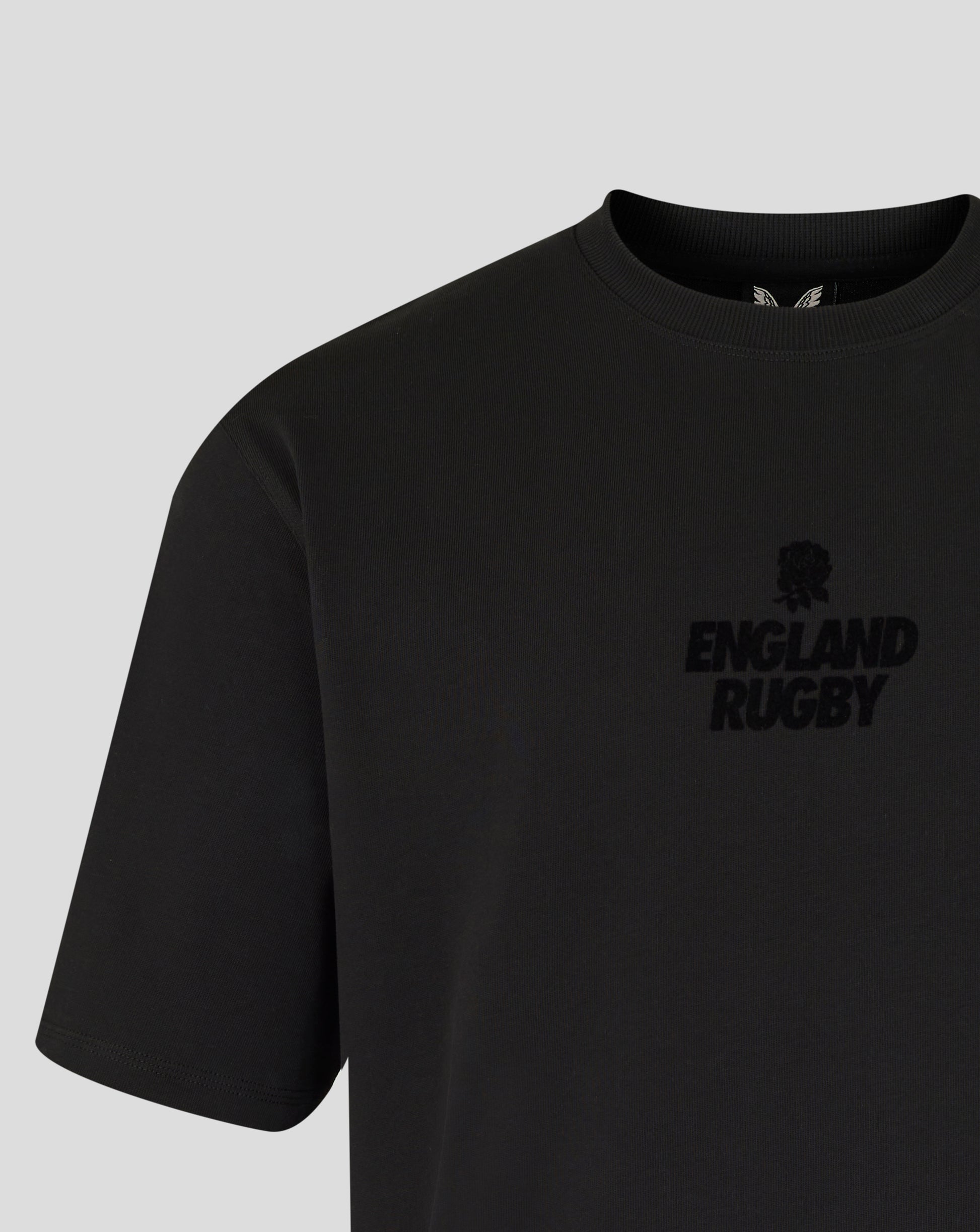 Black t-shirt with 'England Rugby' logo on a light gray background