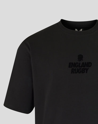 Black t-shirt with 'England Rugby' logo on a light gray background