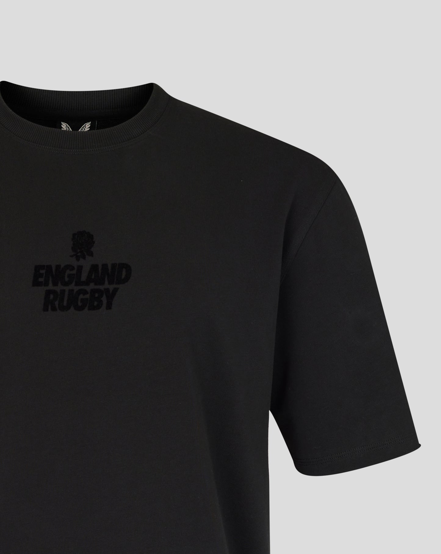 Black t-shirt with 'England Rugby' text on a light gray background