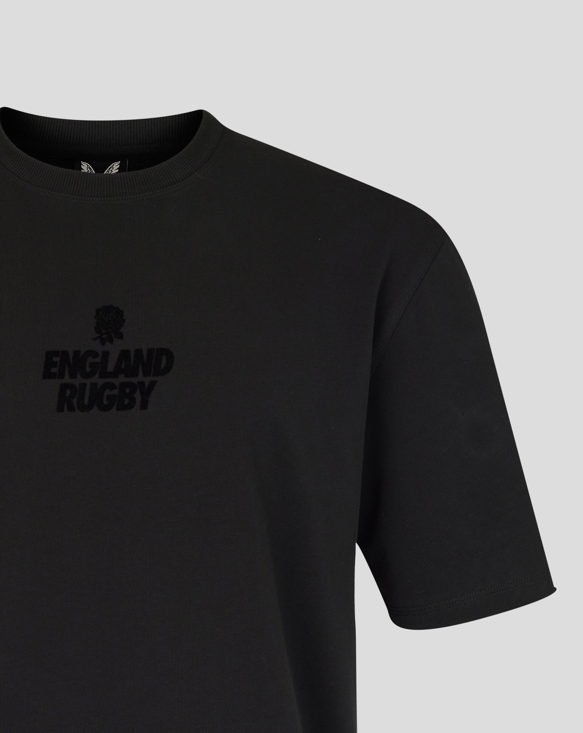 Black t-shirt with 'England Rugby' text on a light gray background