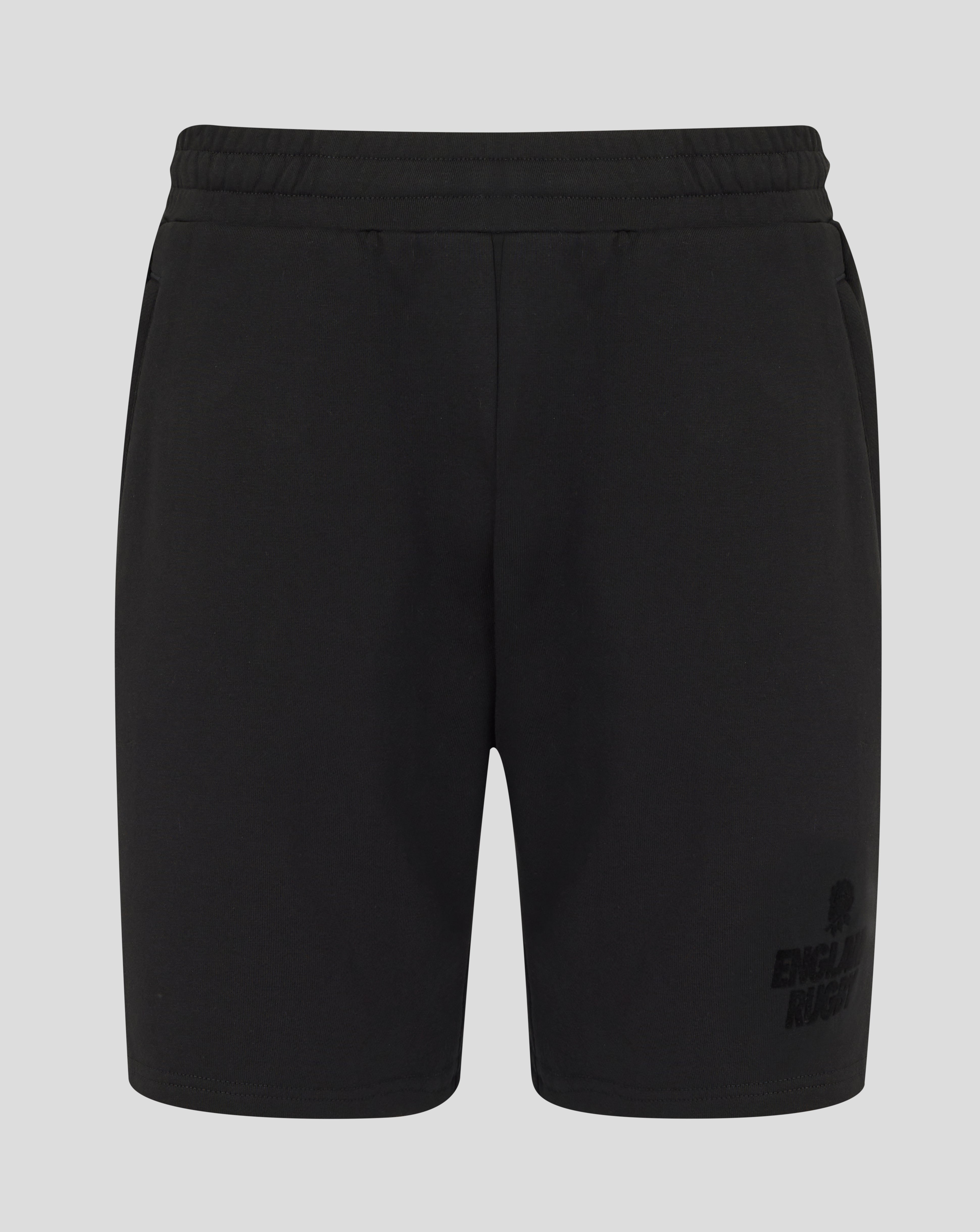 Black shorts with a brand logo on a light gray background