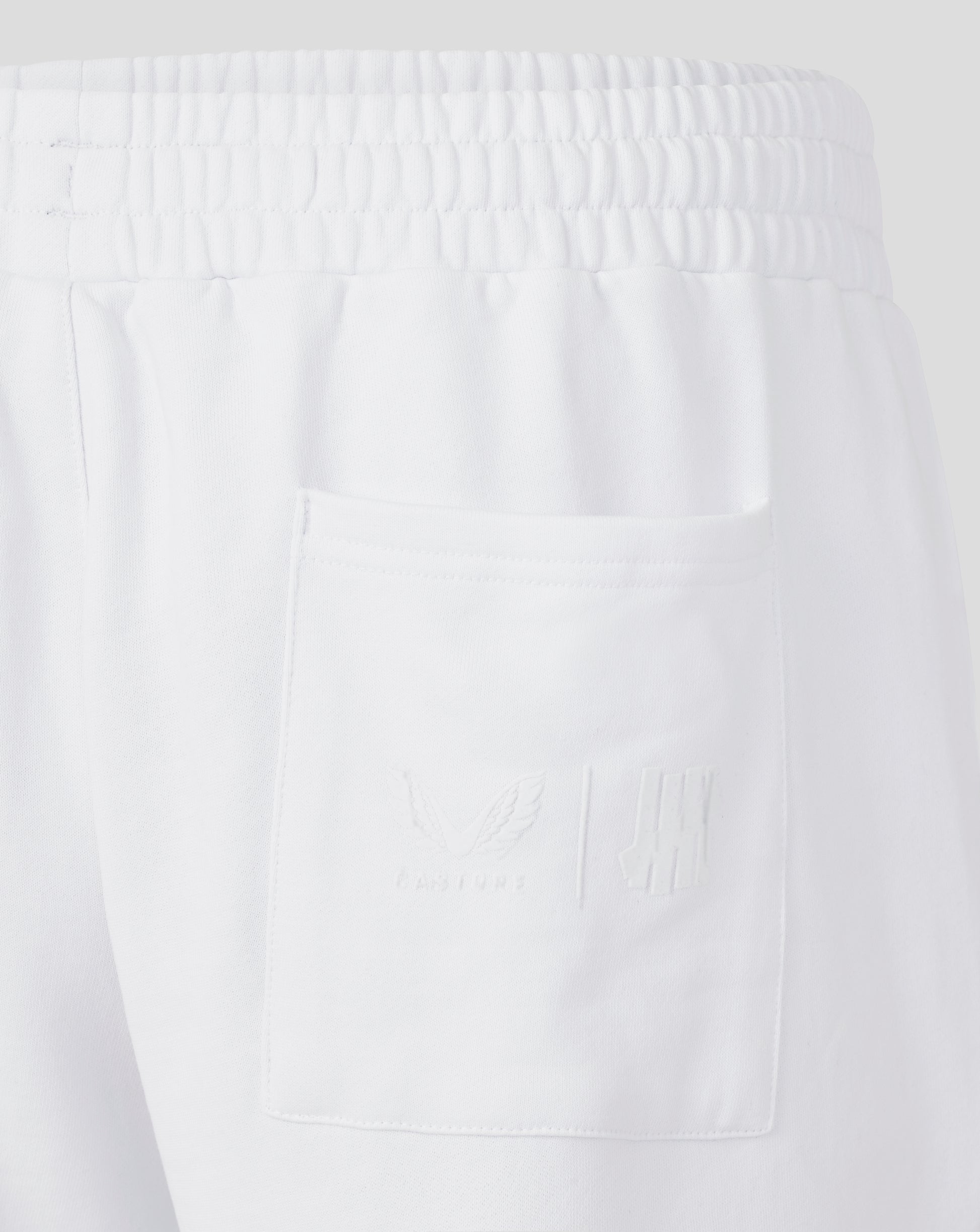 Close-up of a textured white fabric with a pocket on a light gray background