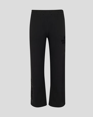 Black pants with a logo on a light gray background