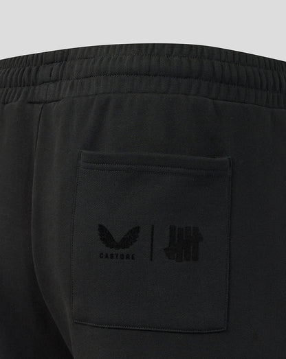 Black joggers with a brand logo on the pocket against a light gray background