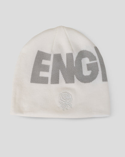 White beanie with 'ENGLAND' text on a white background