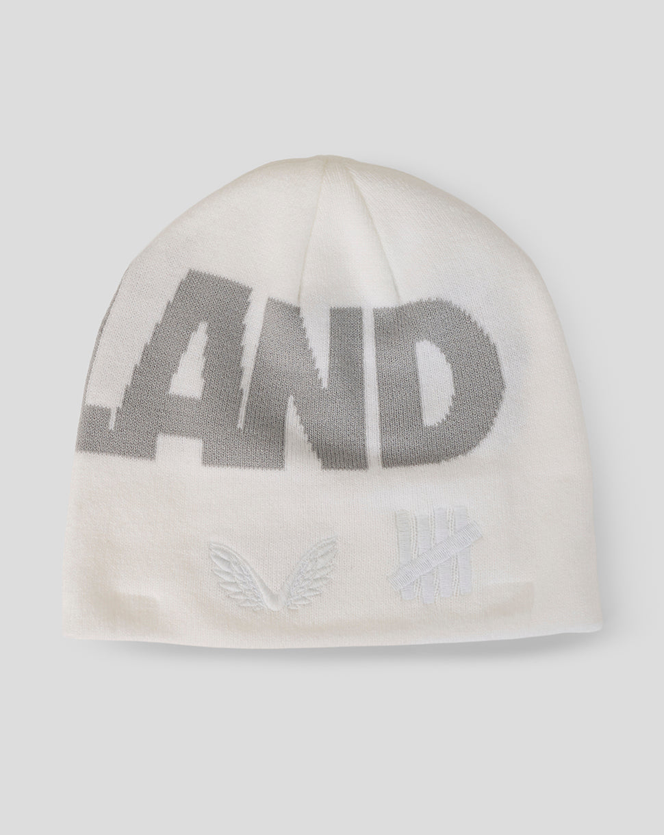 White beanie with 'ENGLAND' printed in gray on a white background